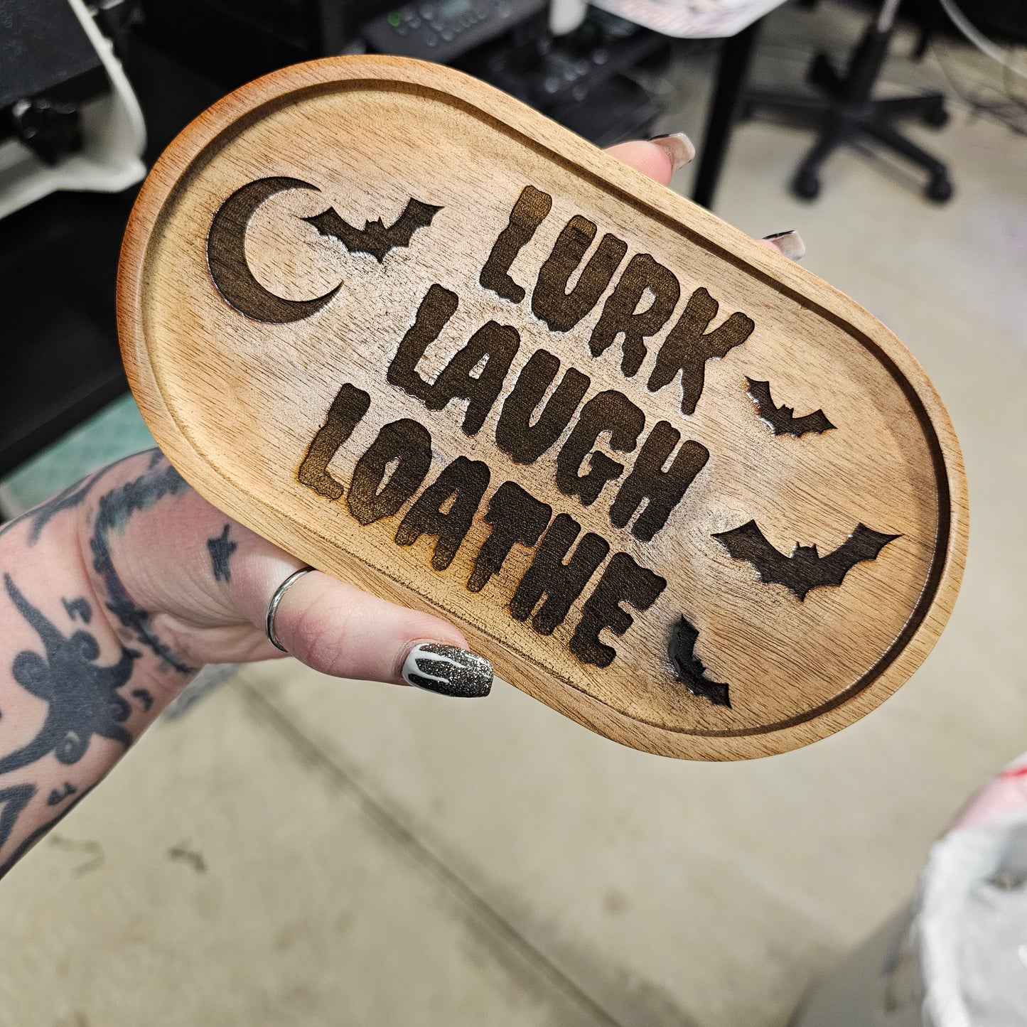Lurk Laugh Loathe Wood Trinket Dish