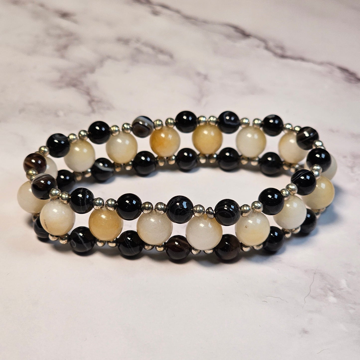 Dyed Chalcedony and black lace agate three layer Bracelet - Roughly 17cm