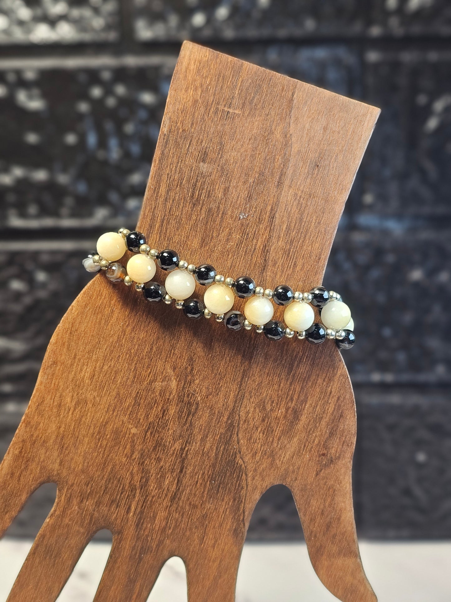 Dyed Chalcedony and black lace agate three layer Bracelet - Roughly 17cm