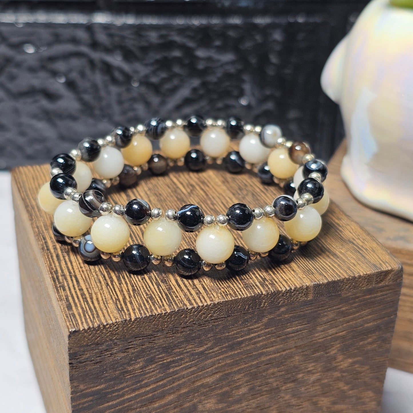 Dyed Chalcedony and black lace agate three layer Bracelet - Roughly 17cm