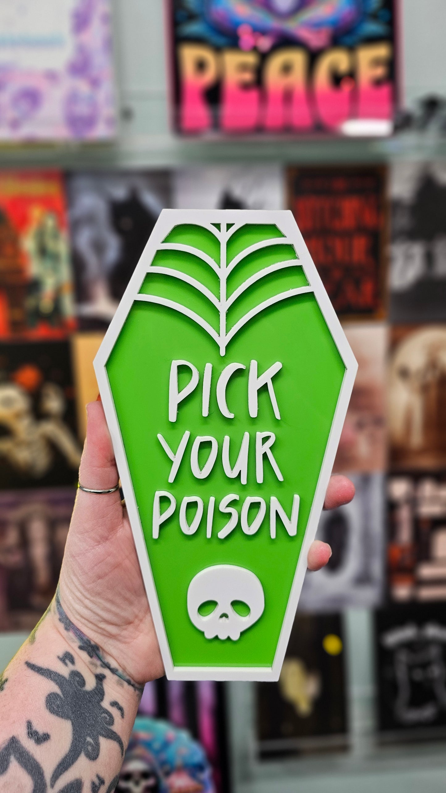 Pick Your Poison - Book Shelf Coffin Sign - Read Description before buying!