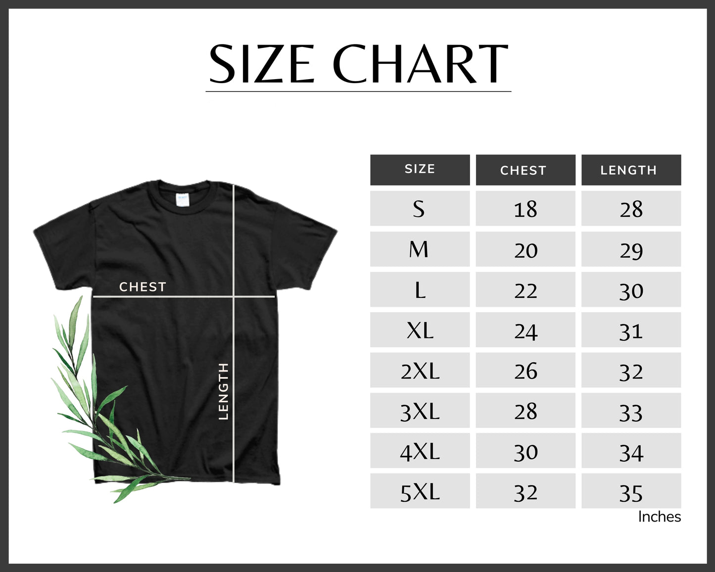 Size chart for shirts with a black t-shirt and measurements displayed.