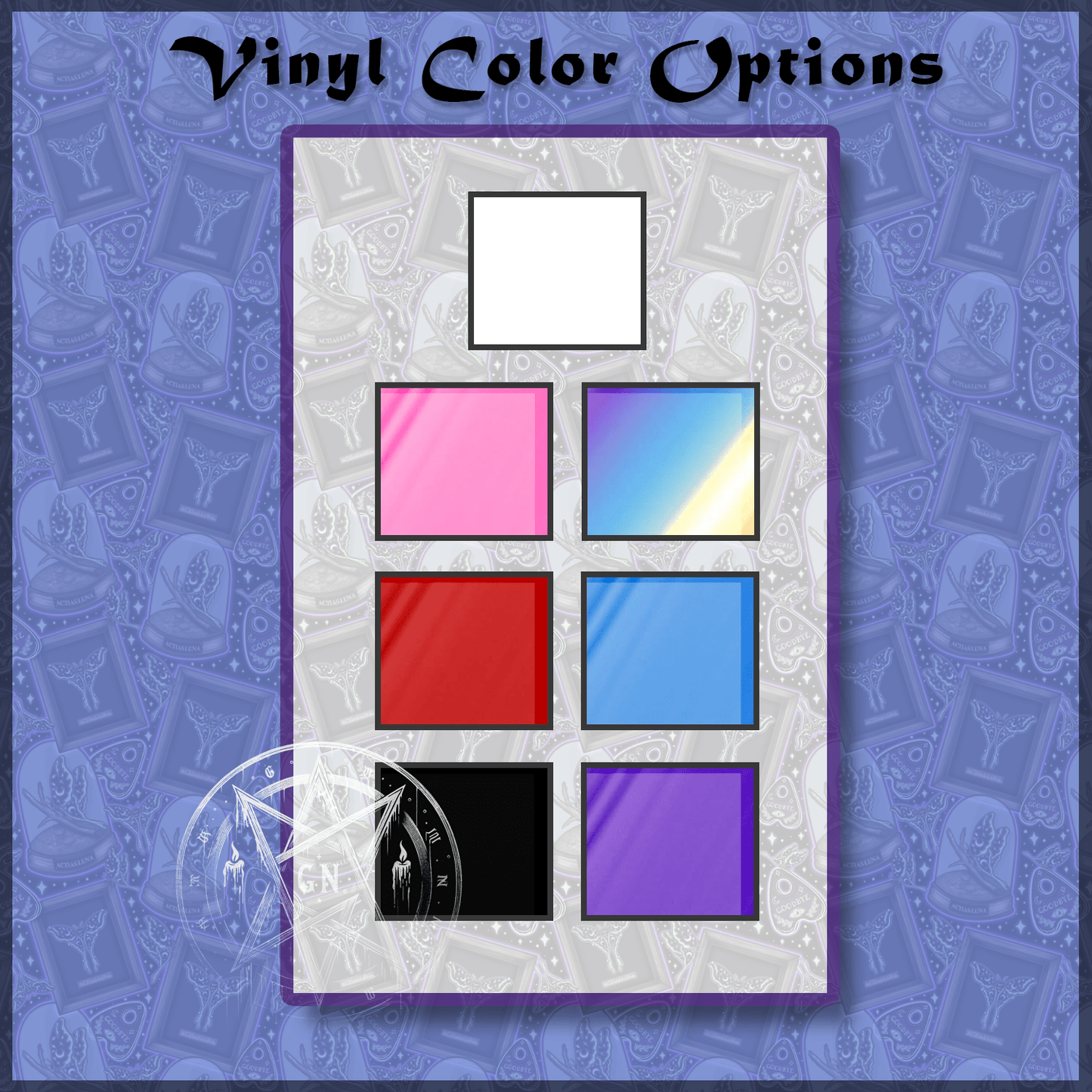 Decal color chart - 7 color options of white, pinnk, red, black, blue and holographic.