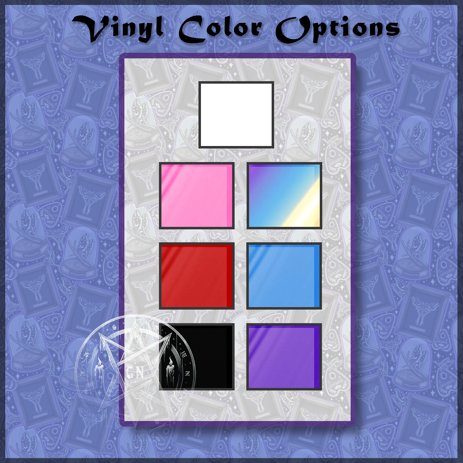 Decal color chart - 7 color options of white, pinnk, red, black, blue and holographic.