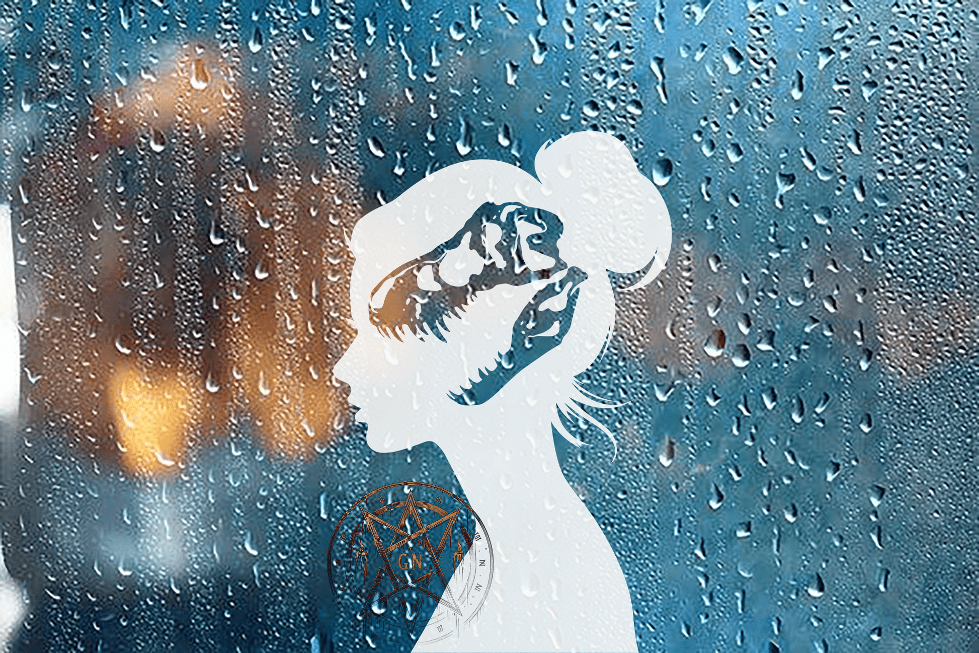 Window decal of a female silhouette with a dinosaur skull shape cut out in her head.