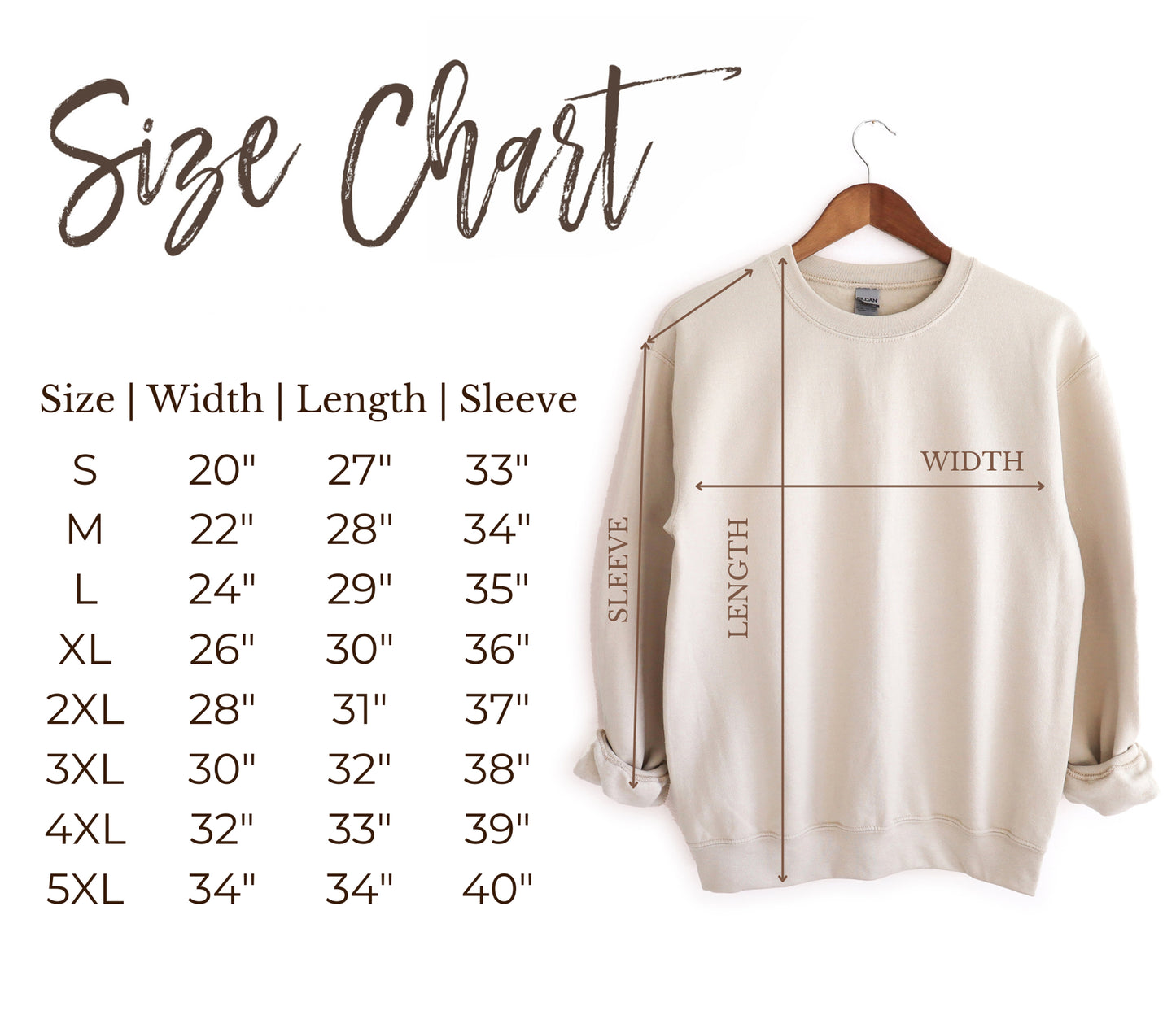 Size chart for a sweatshirt with measurements on a white background