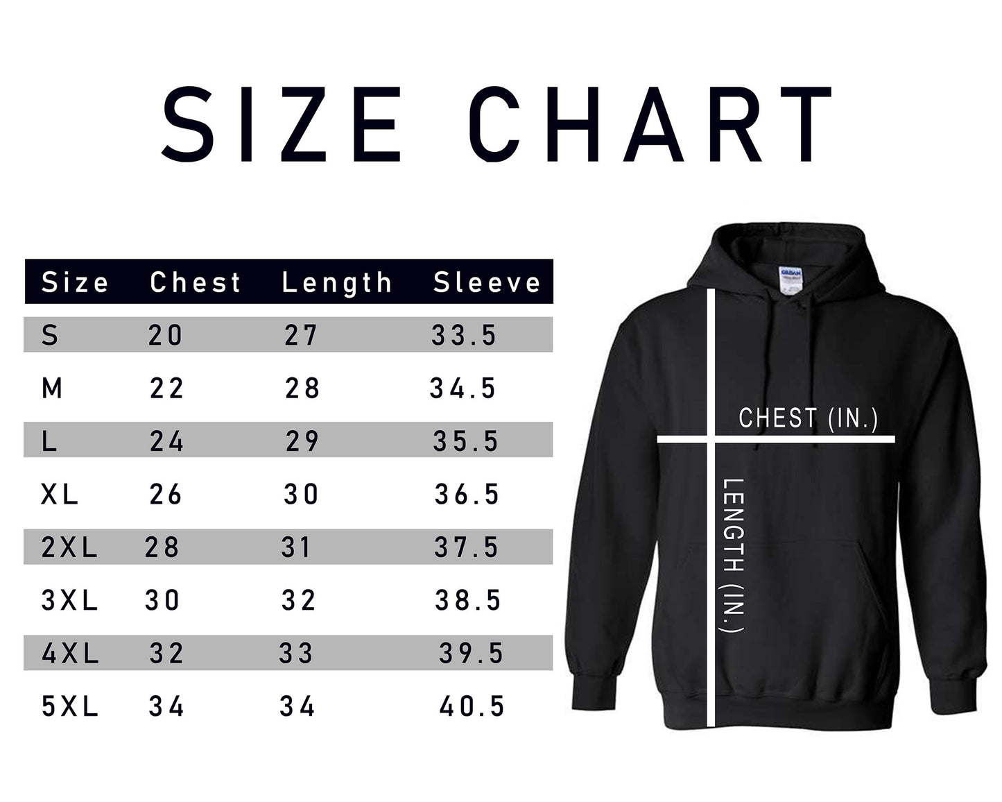 Size chart for a hoodie with measurements in inches.