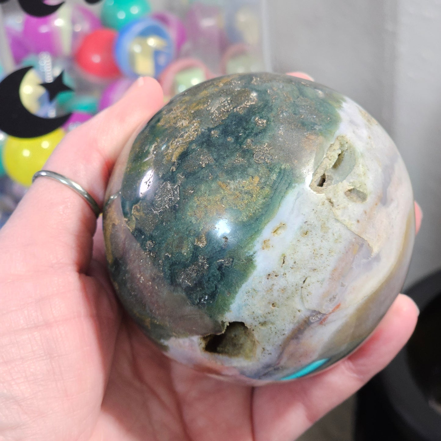 Ocean Jasper Sphere with Natural Vugs / Druzy Pockets
