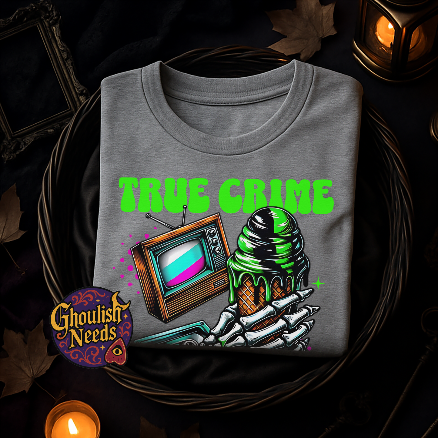 True Crime and Chill Tee – Retro Neon Skeleton Vibes (Unisex S–5X)