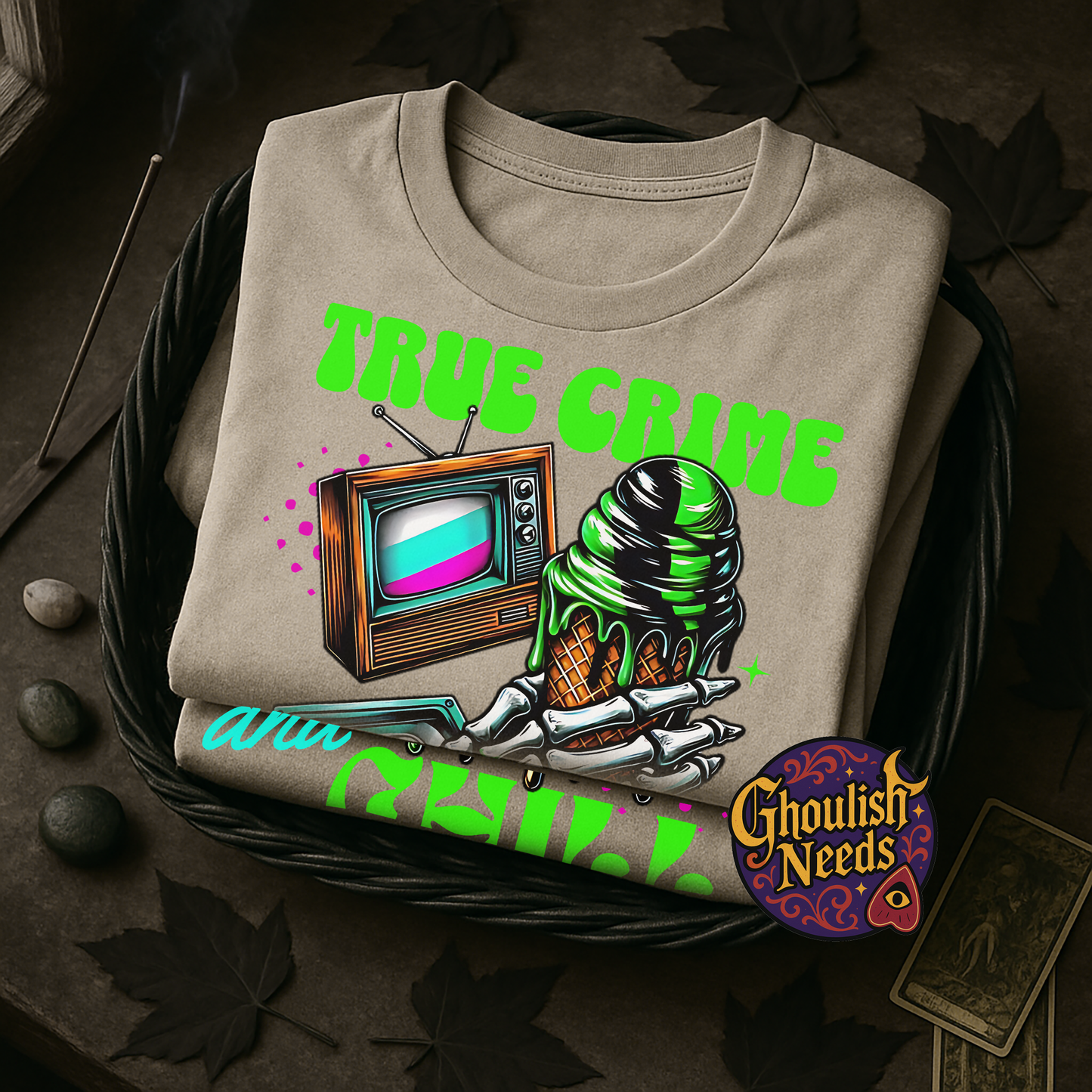 True Crime and Chill Tee – Retro Neon Skeleton Vibes (Unisex S–5X)