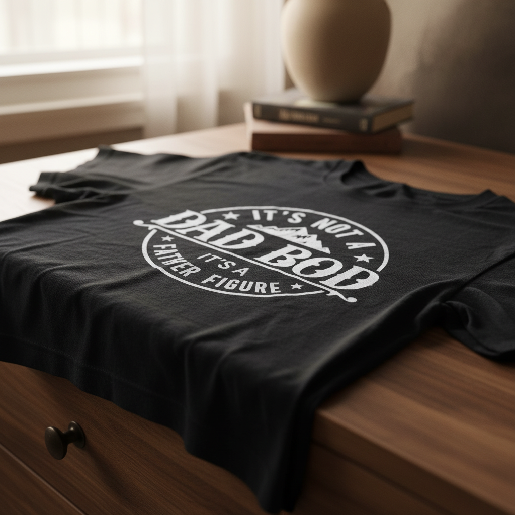 Dad Bod Black Shirt on Dresser Mockup