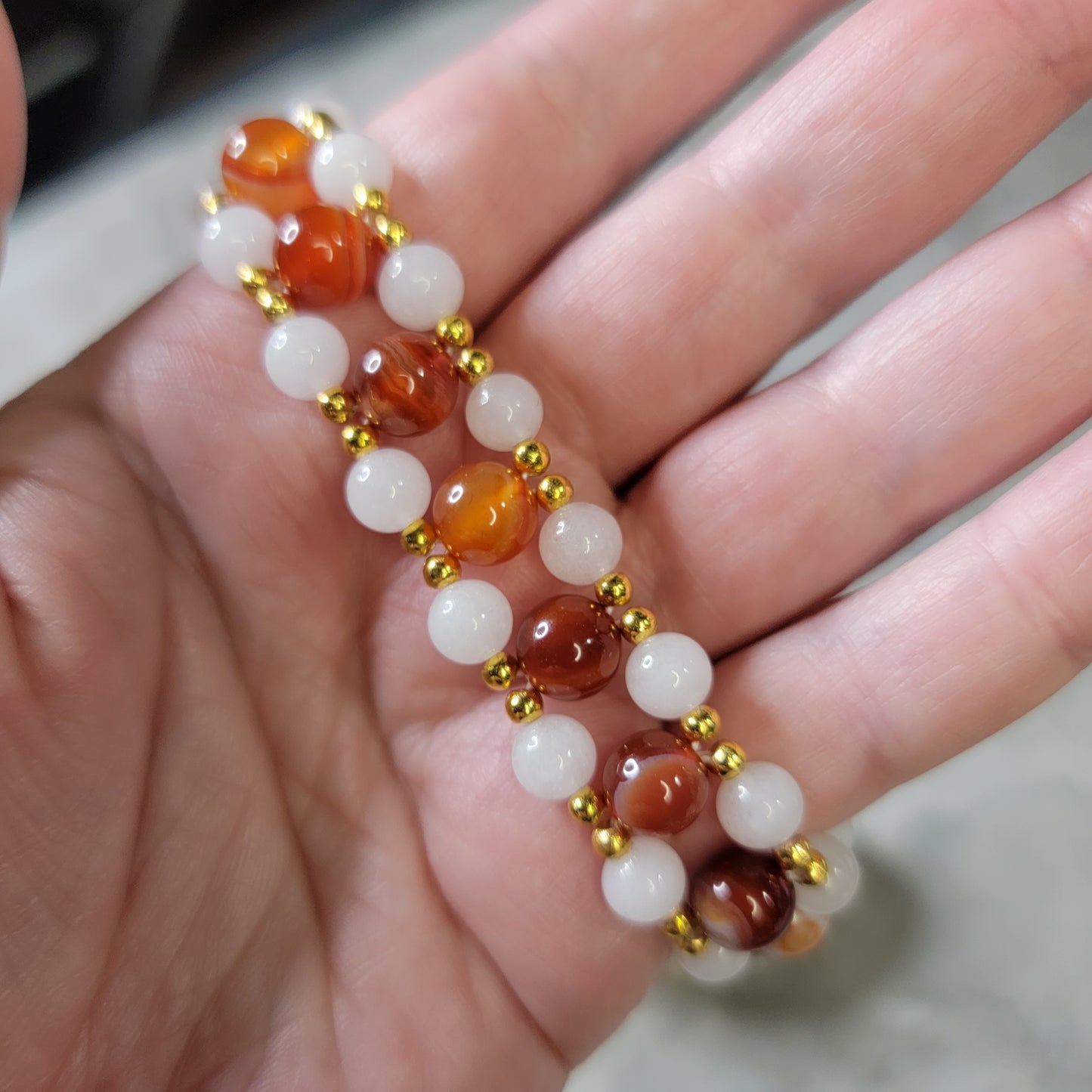 White Chalcedony and Carnelian three layer Bracelet - Roughly 17cm