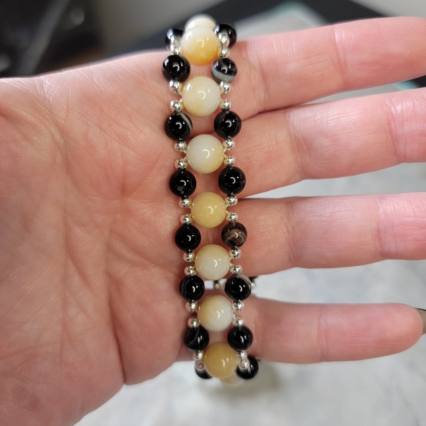 Dyed Chalcedony and black lace agate three layer Bracelet - Roughly 17cm