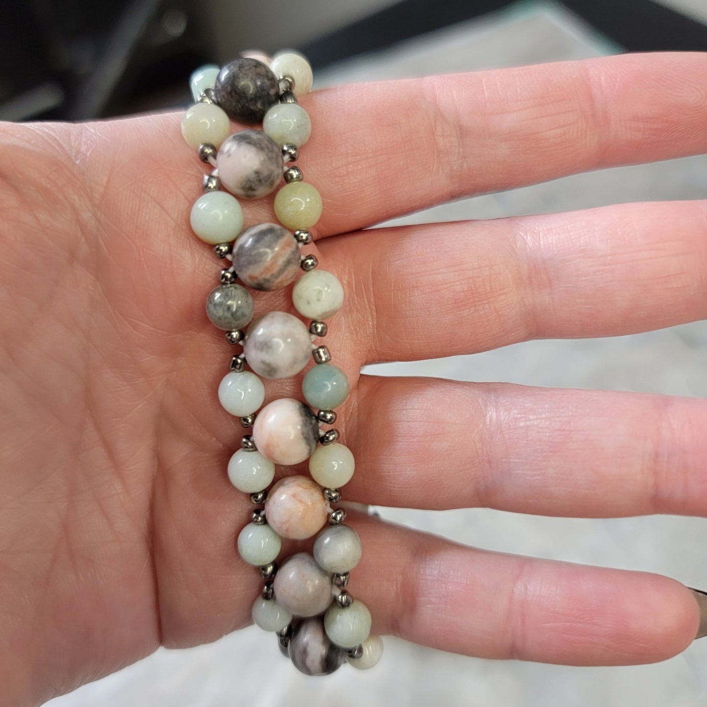 Rainbow amazonite and pink zebra jasper three layer Bracelet - Roughly 17cm