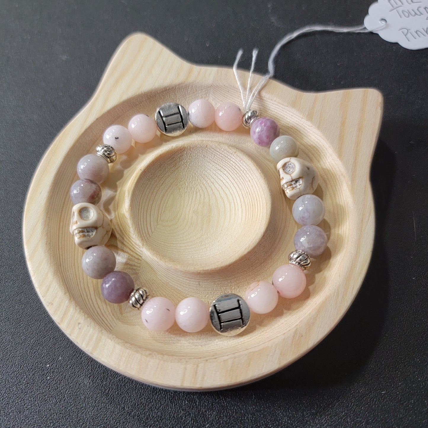 Zodiac Skull Pink Tourmaline and pink opal dyed Bracelet - Roughly 17cm