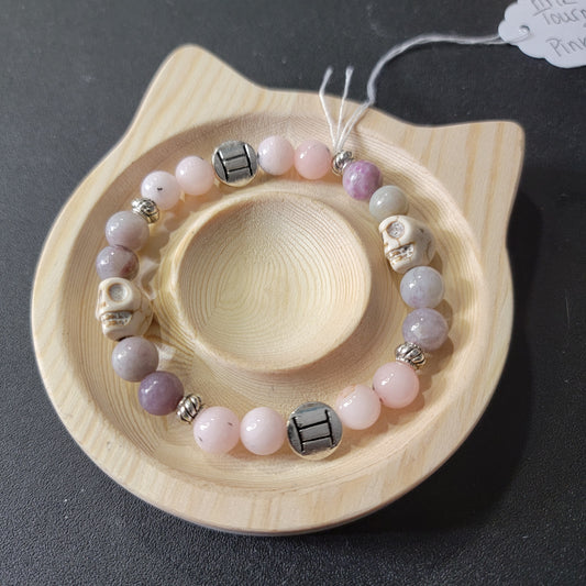 Zodiac Skull Pink Tourmaline and pink opal dyed Bracelet - Roughly 17cm
