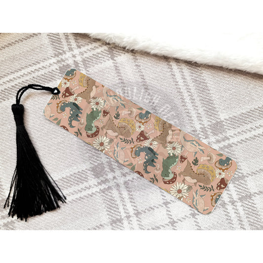 Dinosaur and Mushrooms peach Bookmark with Tassel