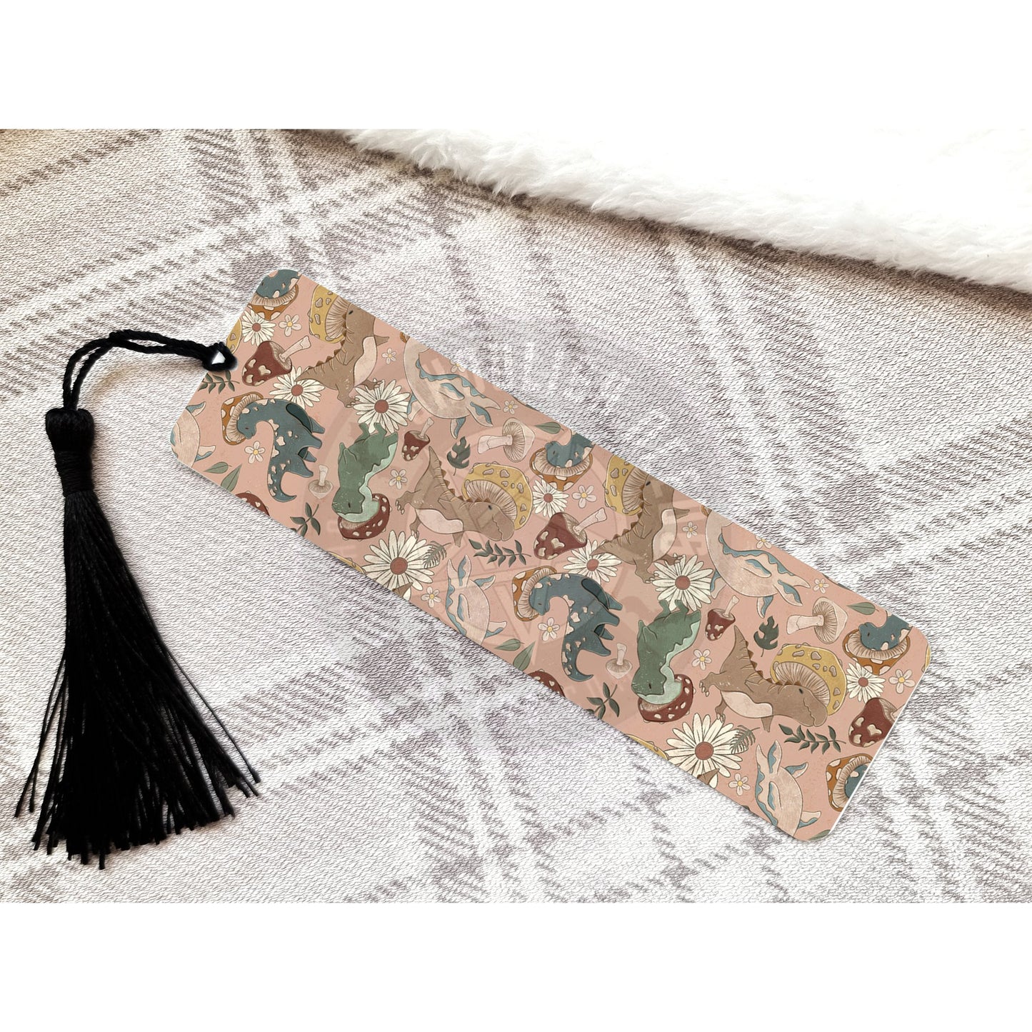 Dinosaur and Mushrooms peach Bookmark with Tassel