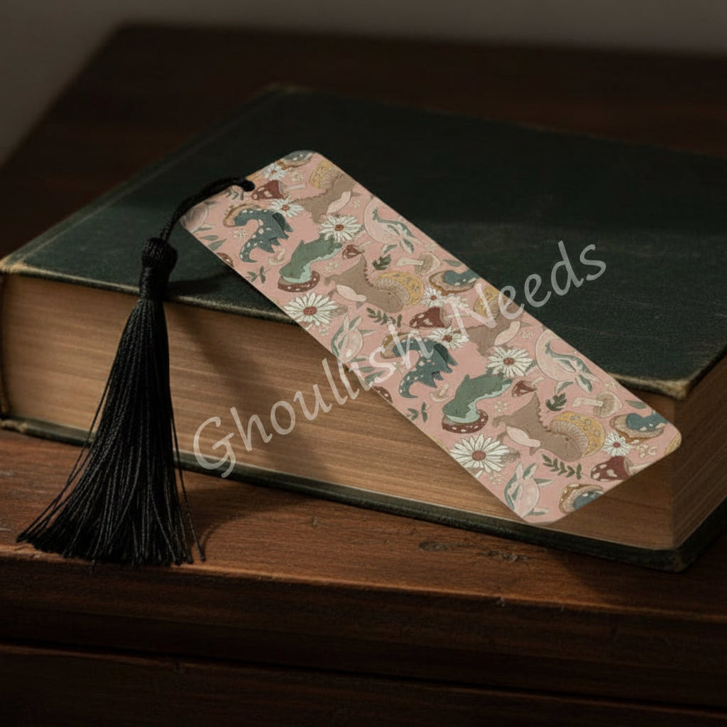 Dinosaur and Mushrooms peach Bookmark with Tassel