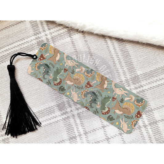 Dinosaur and Mushrooms Blue Bookmark with Tassel