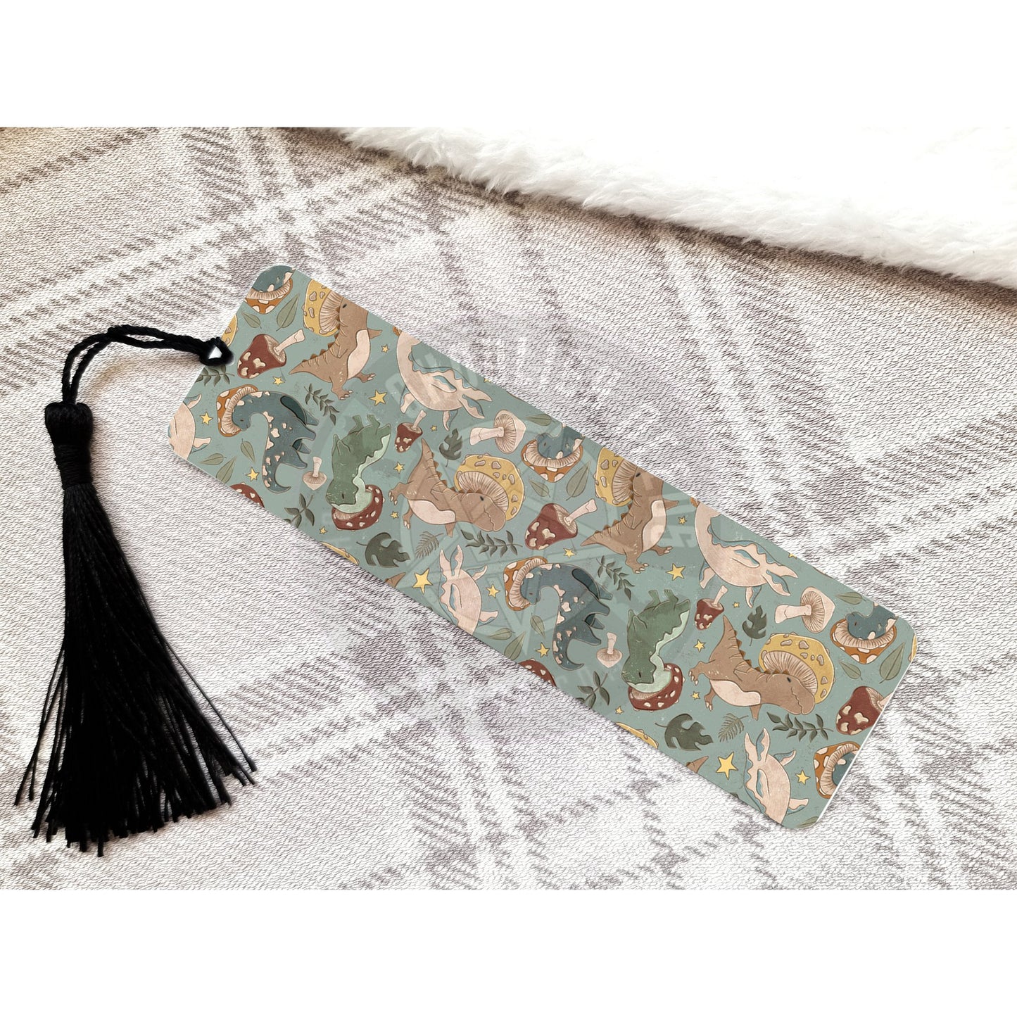 Dinosaur and Mushrooms Blue Bookmark with Tassel