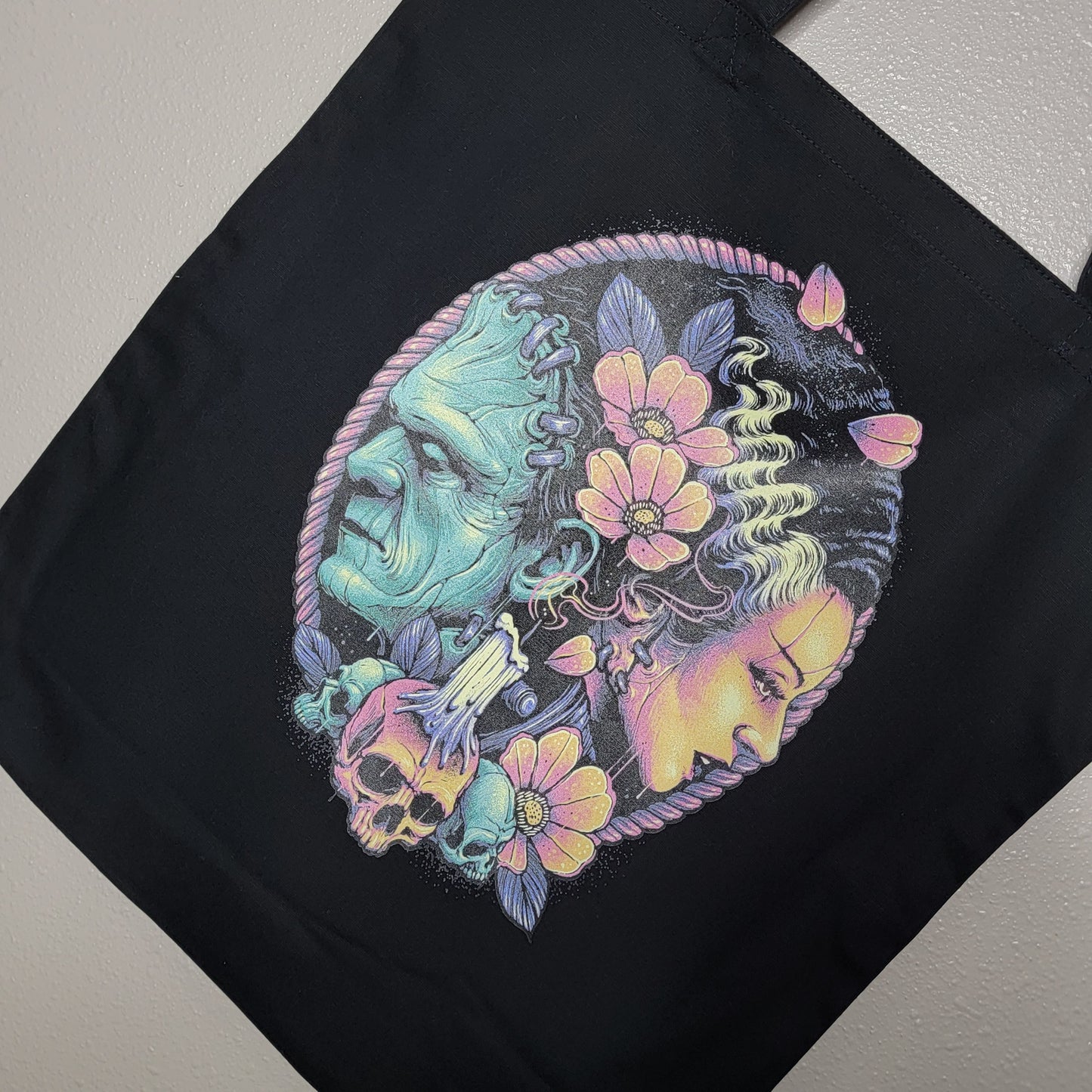 Frankenstein's Monster and Bride Tote Bag mockup - Woman carrying black canvas tote