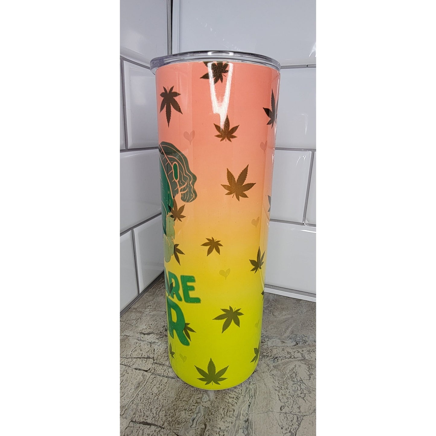 Don't Care Bear 20oz Tumbler mockup - 420 friendly purple care bear design