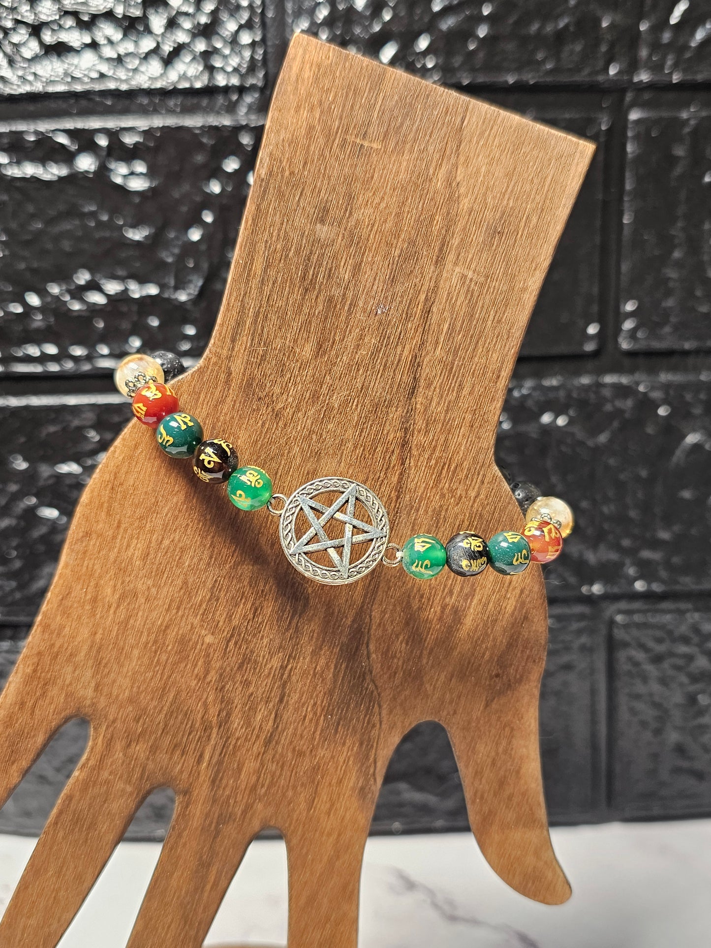 Penta Mantra Bracelet with Lava stone, Citrine and Jade - Roughly 17cm