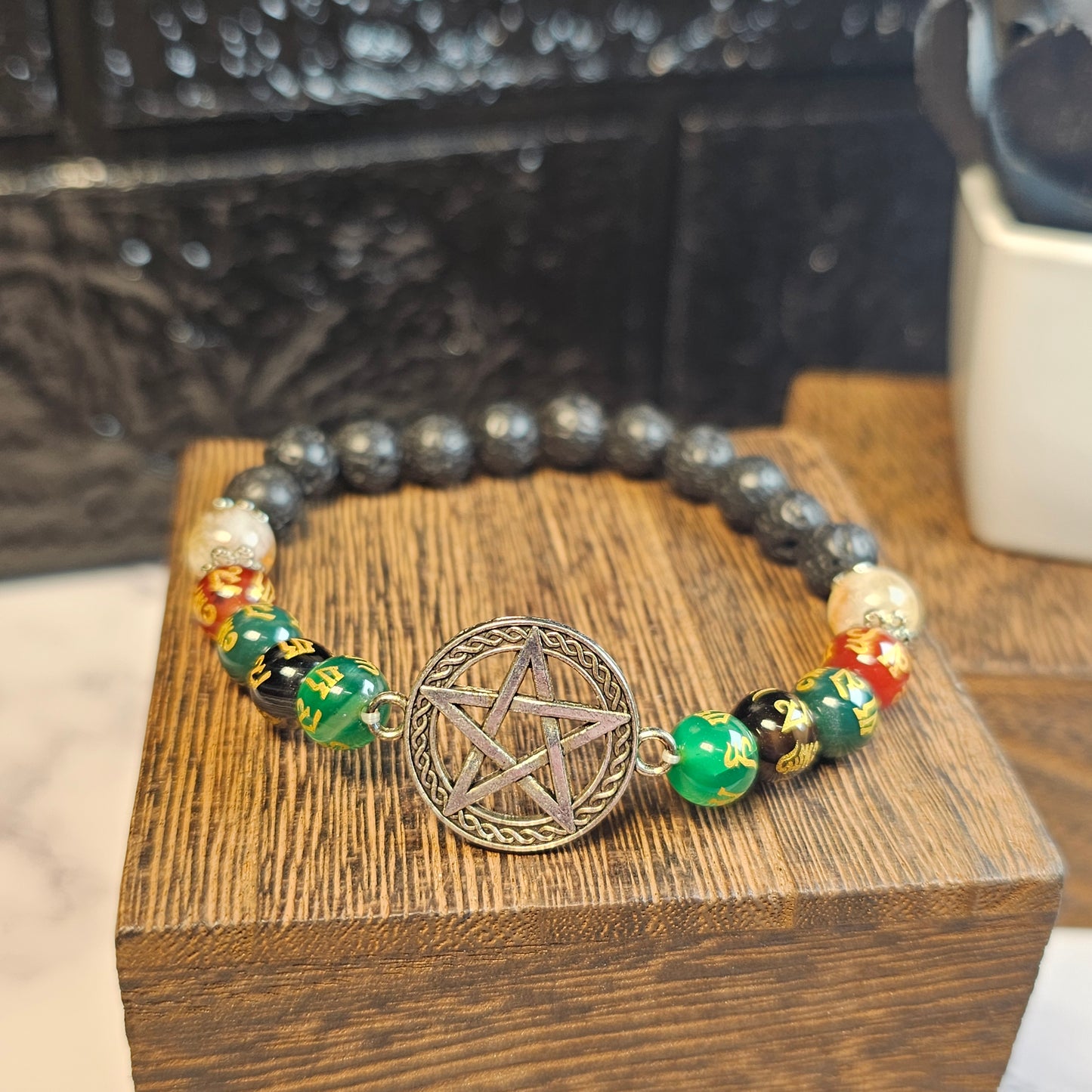 Penta Mantra Bracelet with Lava stone, Citrine and Jade - Roughly 17cm