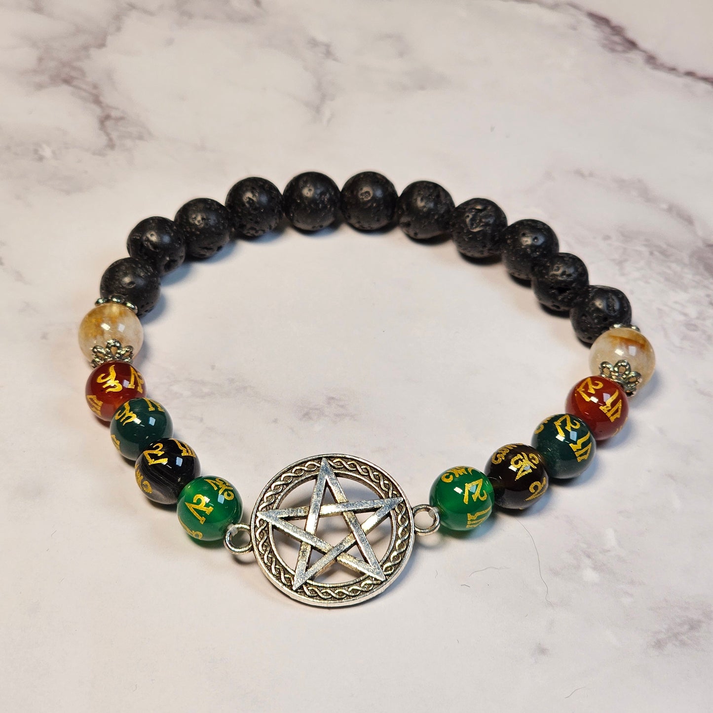 Penta Mantra Bracelet with Lava stone, Citrine and Jade - Roughly 17cm