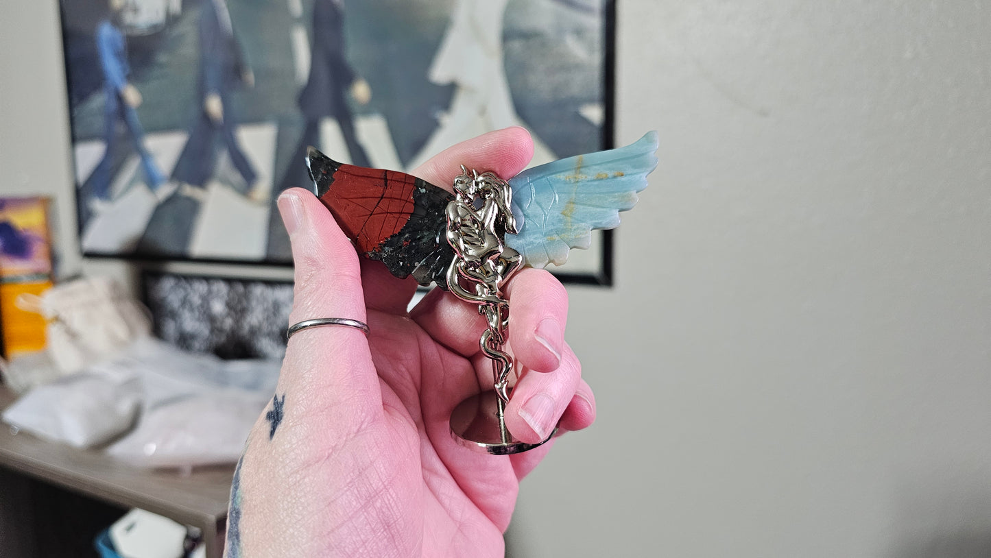 Angel and Devil Stone wing Carvings and Metal Figurine