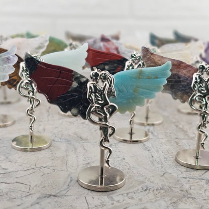 Angel and Devil Stone wing Carvings and Metal Figurine