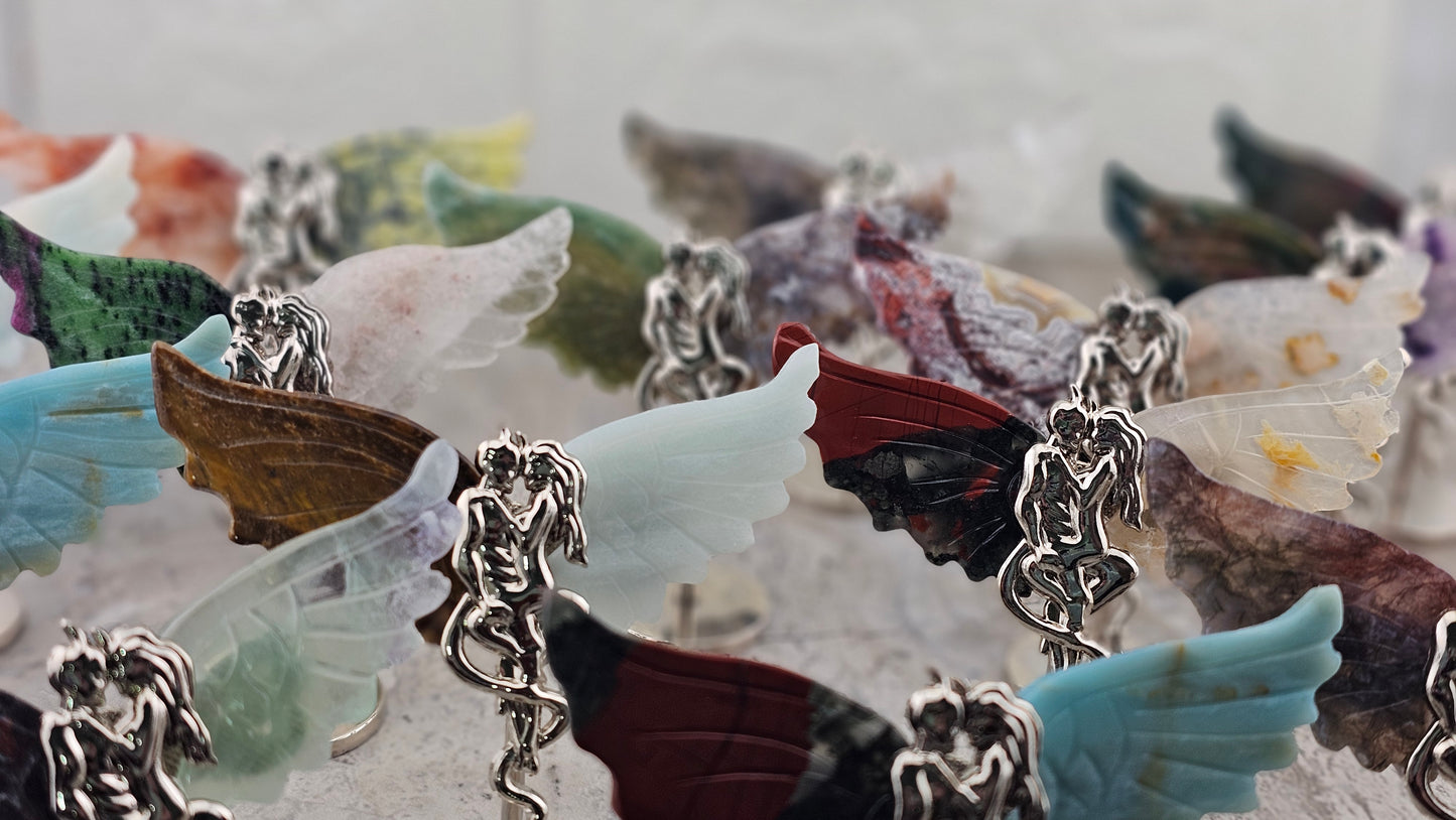 Angel and Devil Stone wing Carvings and Metal Figurine