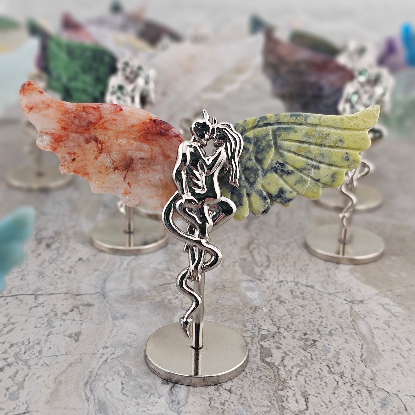 Angel and Devil Stone wing Carvings and Metal Figurine
