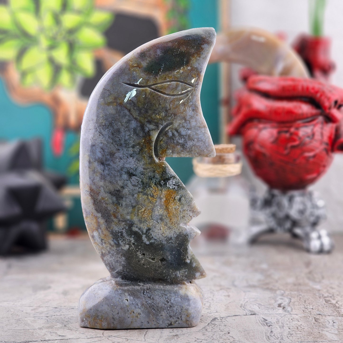 Moss Agate Moon Statue