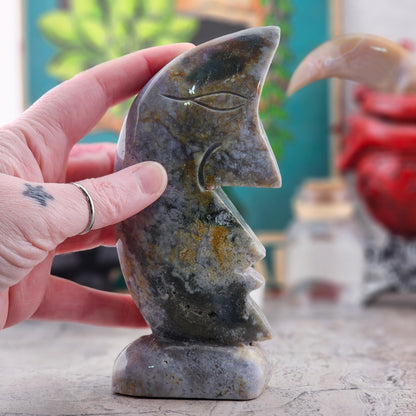 Moss Agate Moon Statue