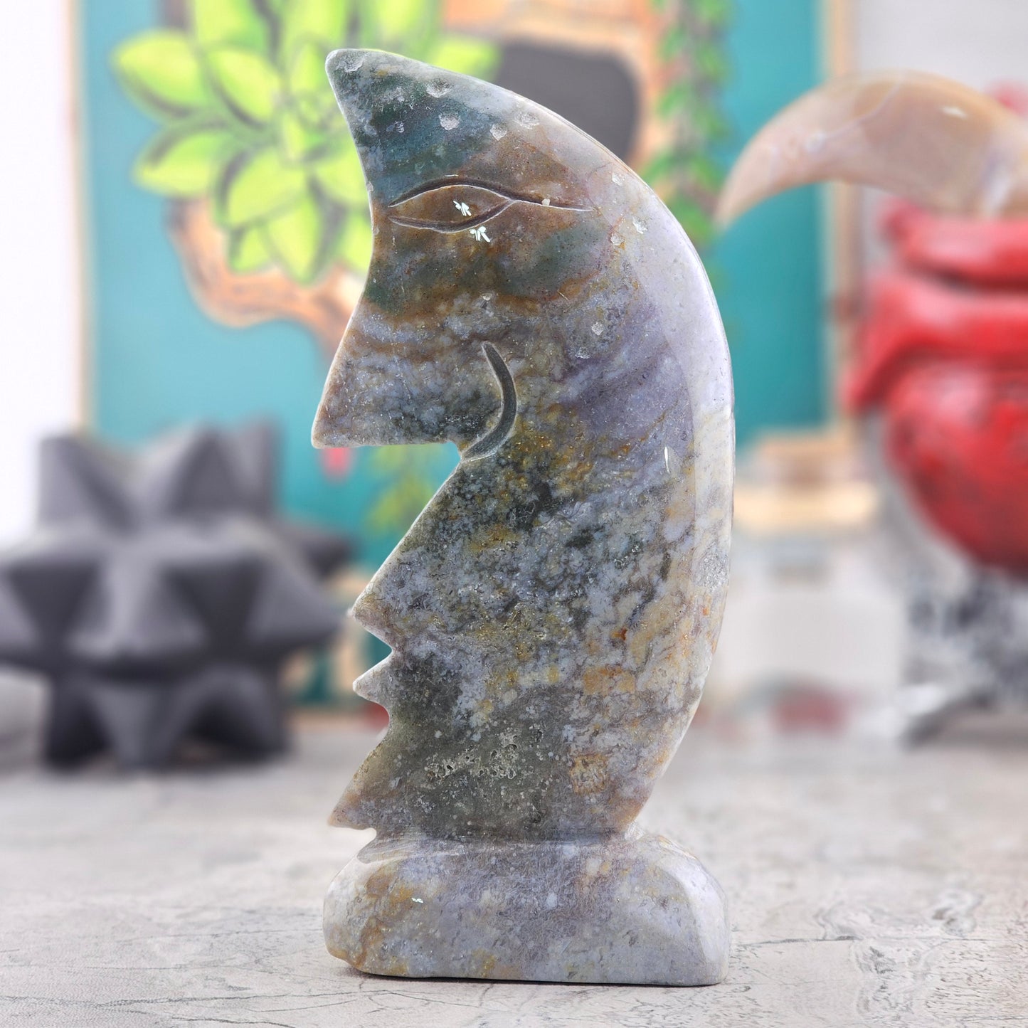 Moss Agate Moon Statue