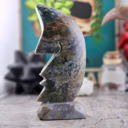Moss Agate Moon Statue