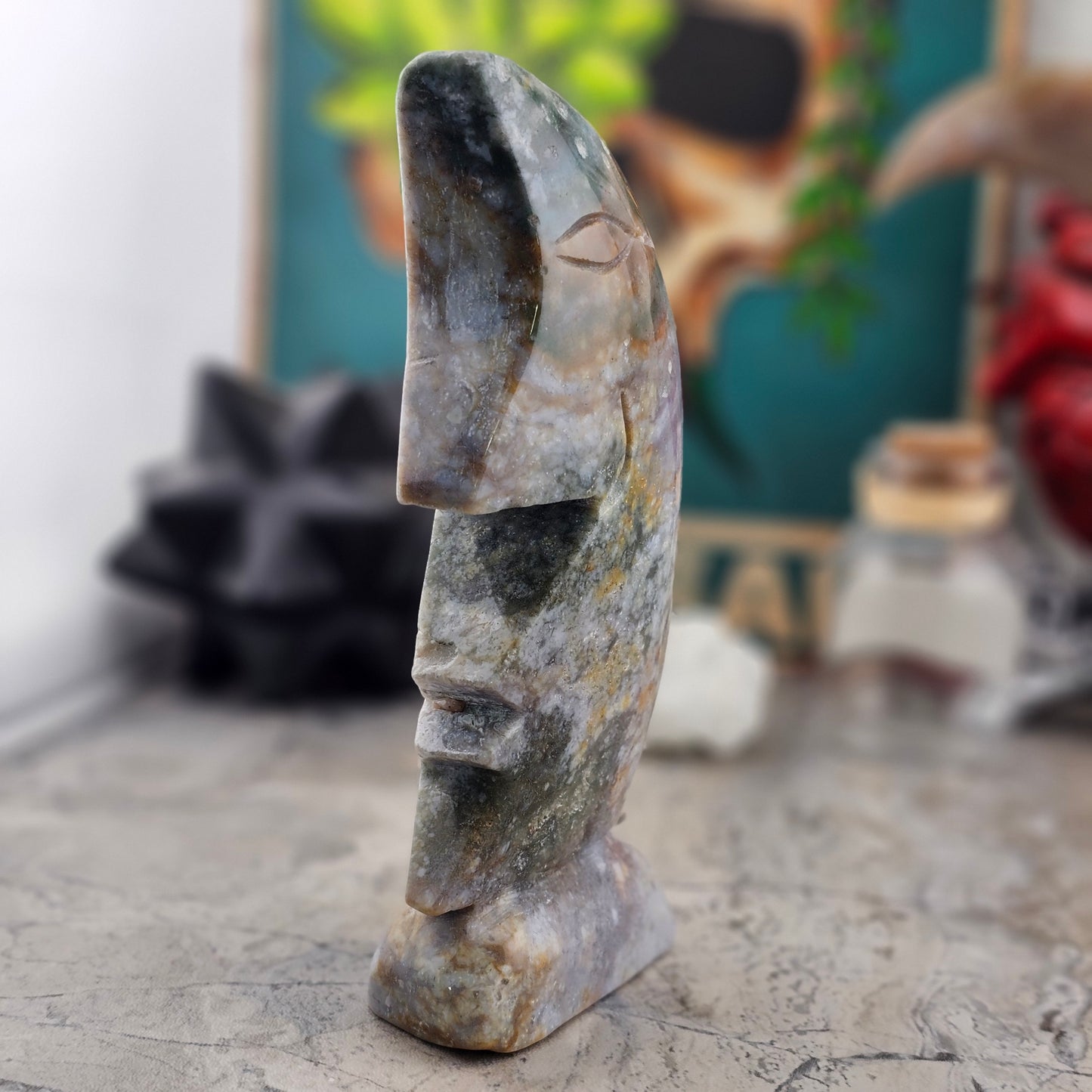 Moss Agate Moon Statue
