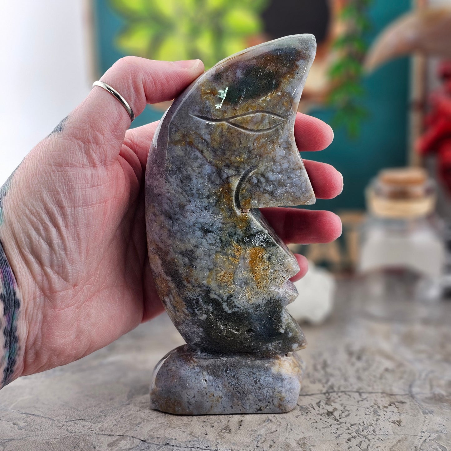 Moss Agate Moon Statue