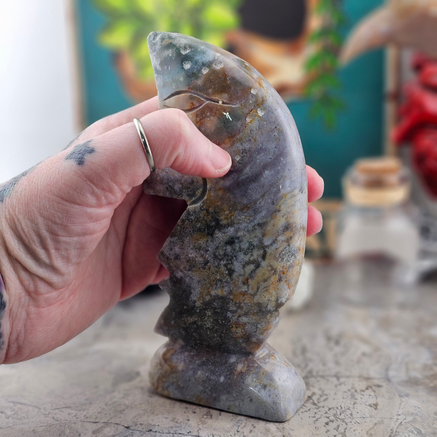 Moss Agate Moon Statue
