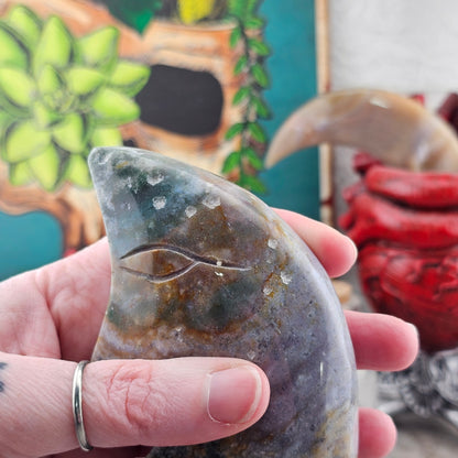 Moss Agate Moon Statue