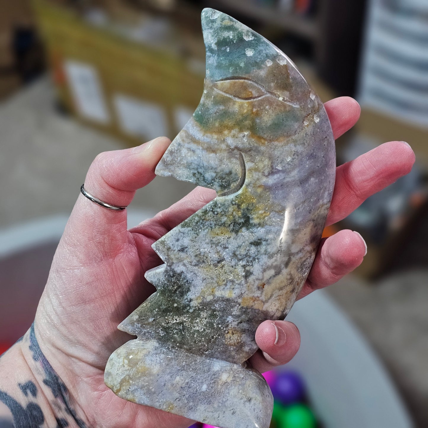 Moss Agate Moon Statue