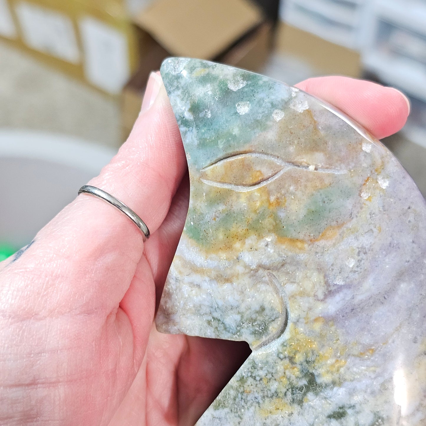 Moss Agate Moon Statue