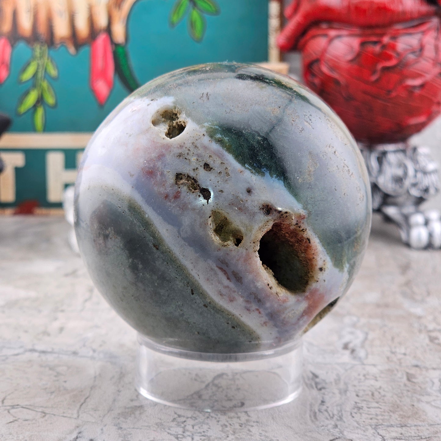 Ocean Jasper Sphere with Natural Vugs / Druzy Pockets