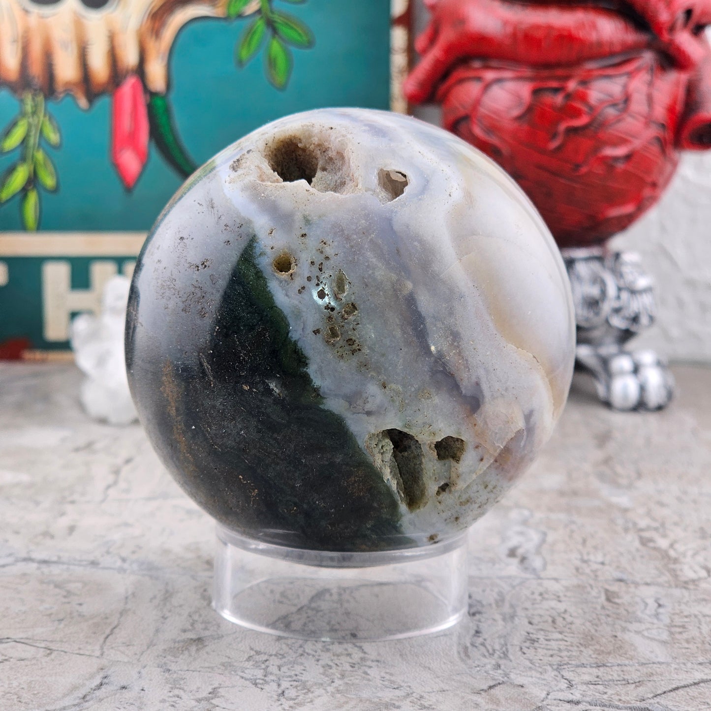 Ocean Jasper Sphere with Natural Vugs / Druzy Pockets