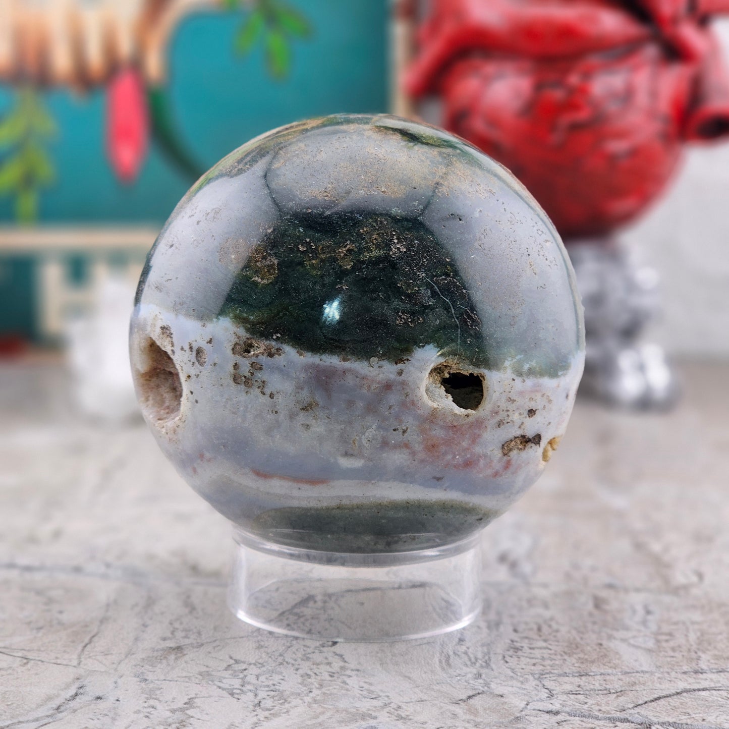 Ocean Jasper Sphere with Natural Vugs / Druzy Pockets