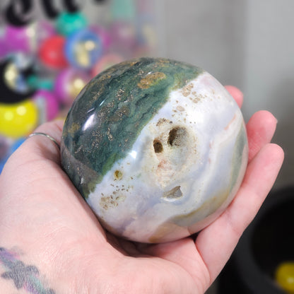 Ocean Jasper Sphere with Natural Vugs / Druzy Pockets