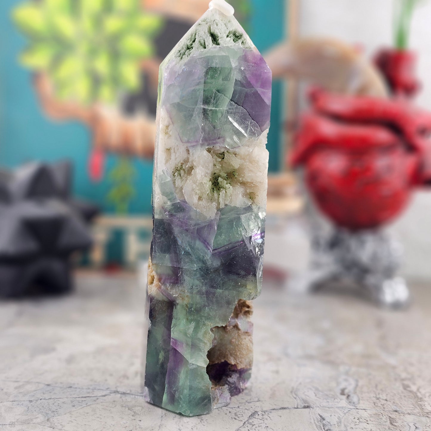Fluorite Tower with Quartz Inclusions, Druzy Pockets & Natural Rainbow Flash