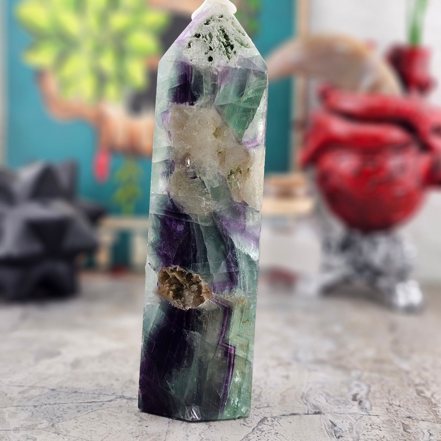 Fluorite Tower with Quartz Inclusions, Druzy Pockets & Natural Rainbow Flash